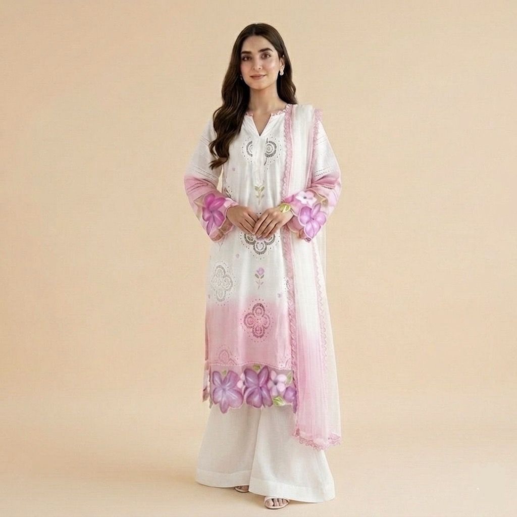 Dual Tone Blush Ivory Chickenkari Hand-Painted 3-Piece Set