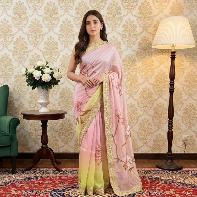 Blush Citrus Floral Hand-Painted Saree