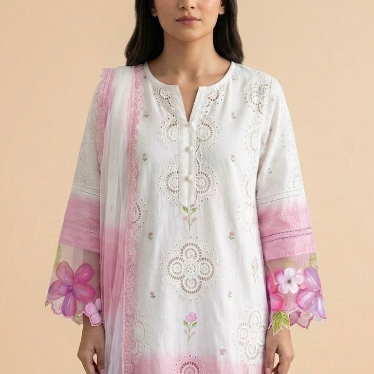 Dual Tone Blush Ivory Chickenkari Hand-Painted 3-Piece Set
